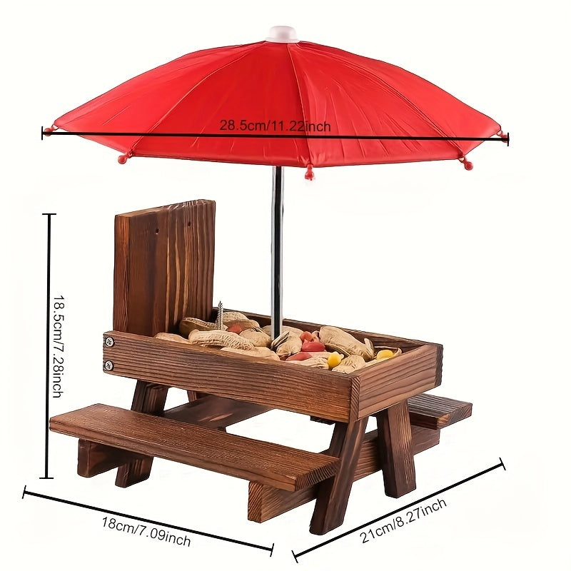 Eichhörnchen-Picknickbank mit Schirm – Automatische Futterstation aus langlebigem Holz