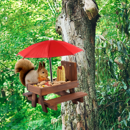 Eichhörnchen-Picknickbank mit Schirm – Automatische Futterstation aus langlebigem Holz
