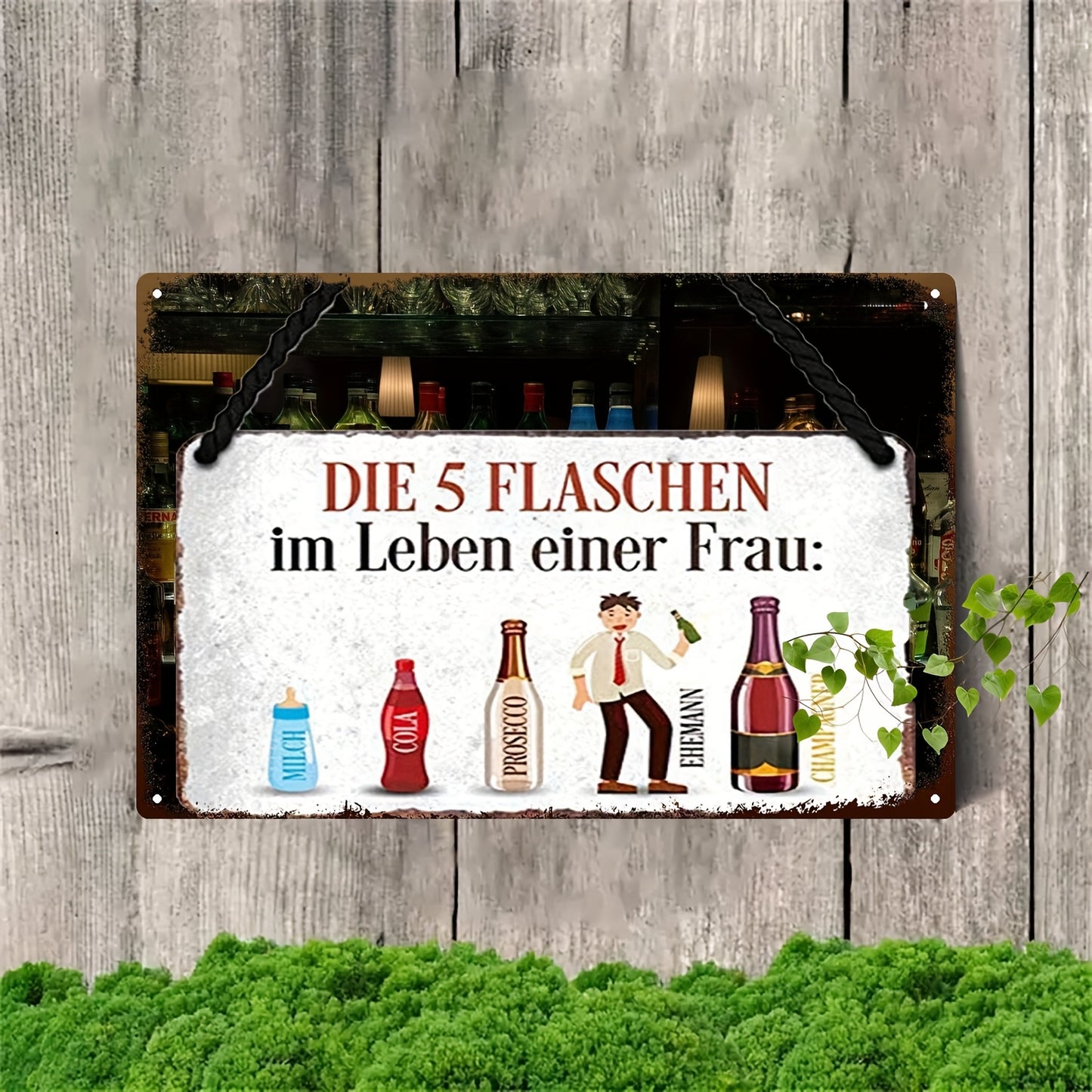 Lustiges Metallschild - DIe 5 Flaschen im Leben einer Frau